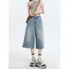 Shorts de Mezclilla de Color Claro para Mujer, Estilo Delgado Versátil de Moda para Verano, Pantalones Anchos 7/8 Sueltos Estilo Americano para Figuras Pequeñas