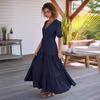 Saia popular transfronteiriça europeia e americana high-end feminina de decote V botão vestido rendado elegante de alta qualidade estilo francês