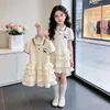 Vestido de Verão com Gola Polo e Saia de Bolo para Crianças Vestido Curto de Manga Curta para Meninas Vestido de Princesa para Crianças Vestido Estilo Preppy para Meninas