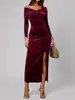 Vestido Bodycon Europeo y Americano Transfronterizo de Terciopelo Ajustado para Mujer, Estilo Nuevo con Cuello Cruzado en V, Hombros Descubiertos y Abertura Lateral Largo