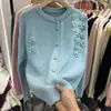 Suéter de Flores Tridimensionales de Industria Pesada Estilo Coreano Primavera y Otoño Nuevo Elegante Suave Estilo Commuter Cuello Redondo Cárdigan de Punto Superior para Mujer