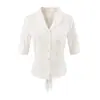 Camisa Jacquard Rayada de Manga Media Estilo de Alta Gama con Cuello de Traje, Nueva Llegada de Verano, Ceñida a la Cintura, Lazo en la Espalda, Adelgazante, Elegante, Camisa