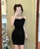 Saia Curta Sexy 2026 Verão Patchwork Pelo Verão Elegante Lantejouca Vestido Slip Bodycon Preto Vestido de Aniversário