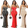 C5730 Nuevo Producto Aliexpress Amazon Moda Europea y Americana Color Puro Tirantes Asimétrico Diamante Caliente Falda Larga Vestido para Mujeres