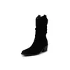 Botas Amontoadas de Couro Fosco Novas Outono/Inverno 2024 Estilo Coreano Feminino Botas Western Cowboy Franzidas Bico Fino Salto Grosso Botas Médias