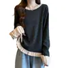 Tricô Roupas de Manga Longa com Babados Estilo Preguiçoso para Cobrir a Barriga para Mulheres na Primavera e Outono Tamanho Plus Size Gordura mm Solto e Chique Top com Gola Redonda