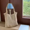Bolsa de Palha Listrada Color Block Artística Estilo Floresta, Bolsa de Mão de Tricô Casual, Bolsa de Ombro de Grande Capacidade para o Dia a Dia
