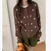 Cárdigan de Punto Redondo Estilo Coreano con Bloques de Color Retro y Lunares para Mujer, Holgado y Adelgazante, Suéter Abrigo Versátil para Otoño e Invierno, Gris