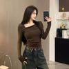 Pure Desire Style Outono Novo Design Sense Oblique Collar Shoulder T-shirt Estilo Coreano Slim-fit Slimming Fashionable Manga Comprida Niche Top