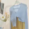 Cardigã de Tricô com Proteção Solar para Mulheres, Cobertura de Verão Combinada com Vestido de Alça Fina, Peça de Roupa Externa Fina com Um Botão, Top Azul, Xale Pequeno