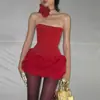 Nuevo Vestido Corto Elegante de Verano 2026 Transfronterizo con Estilo de Socialité, Sexy Textura Floral Tridimensional y Vestido sin Tirantes