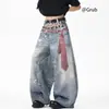 Calça Jeans de Cintura Dupla com Estampa de Leopardo Estilo Americano para Homens e Mulheres, Calça de Verão High-Street de Barra Curva, Calça Vintage Solta de Perna Larga, Tendência