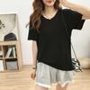 Camiseta de manga corta con cuello en U holgada adelgazante blanca estilo occidental mezclada gris para mujer, versátil, delgada, de seda helada, con cuello en V, tejida, top