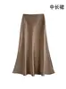 Saia Midi Acetinada de Acetato Plus Size Petite com Caimento Feminina Primavera Verão Cor Sólida Cintura Alta Bodycon Saia Sereia Comprimento Médio