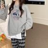 Sudadera Gruesa de Forro Polar Estilo Coreano, Cuello Redondo, Estampado de Dibujos Animados, Talla Grande, Manga Corta para Mujer, Holgada y Casual, Nicho