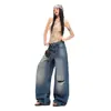 ¡Nuevo Producto!Verano 2026|Jeans de pierna ancha de longitud hasta el suelo, holgados, rasgados, estilo retro americano, lavados, con orejas de gato