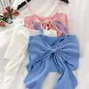 2024 Nova Camisola de Verão Feminina com Laço Peça Externa Curta Expondo o Umbigo Top de Malha Slim Justo para Mulheres
