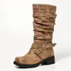 Botas Western Retro para Chicas Calientes, sin Cordones, con Hebilla Metálica Plisada, Tacón Grueso, Caña Media para Mujer