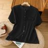 Top de Algodón y Lino para Mujer Manga Corta Verano Nuevo Estilo Elegante Cuello Vertical Camisa Pequeña Mamá Casual Cubre Vientre Camisa de Lino