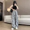 Pantalones a cuadros de strass retro en negro y rosa para mujer, pantalones casuales de pierna ancha de cintura alta para verano con efecto adelgazante, pantalones rectos de pierna ancha estrechos