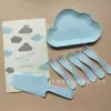 Plato de Nube Set de Cuchillo y Tenedor para Pastel Cuchillo y Tenedor para Plato de Cena Combinación de Vajilla Desechable Vajilla para Pastel de Cumpleaños Cuatro en Uno