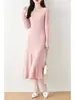 Falda de Lana para Otoño e Invierno para Mujer Vestido de Cuello en U Grande Falda Larga hasta la Rodilla para Mujer Falda de Punto Ajustada de Cola de Pez Traje