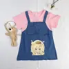 Vestido de Verano de Manga Corta para Niñas con Estampado de Dibujos Animados, Bolsillos Falsos, Falda con Peto de Mezclilla, Moderno para Niños Pequeños