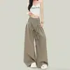 Calça Casual Khaki Preguiçosa Fluida de Perna Larga Feminina Novo Design Plissada Solta de Cintura Alta Versátil Calça de Terno