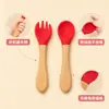 Colher e garfo de silicone para crianças com cabo de madeira, utensílios de treinamento para autoalimentação de bebês, colher e garfo para comida de bebê