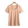 Camiseta Feminina Branca Fina de Manga Curta Simples de Verão com Seda de Amora, Confortável e de Caimento Solto, Efeito Emagrecedor, Camiseta Básica com Decote Redondo em U Grande