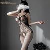 Lingerie Sexy com Suspensórios e Laço, Body Vazado com Meias Arrastão, Meias Sexys no Atacado 7943