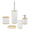 Set de Lujo Ligero Personalizado con Borde Dorado y Textura de Madera para Hotel, Tamaño de Viaje, Juego de Cinco Piezas para Baño, Set de Almacenamiento para Lavabo del Hogar Nórdico