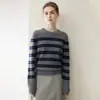 Suéter feminino de cashmere puro, nova moda outono e inverno listrado gola redonda pulôver solto de tricô suéter quente, estilo europeu e americano