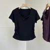 Camiseta Feminina de Algodão Curta Manga Curta Gola V Justa Cintura Franzida Elástica para Verão Roupa de Trabalho Ombro Direito Curta Justa Camiseta Básica Justa