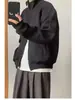 Sudadera jacket reversible estilo coreano con cremallera, gama alta, gris, corte boxy, manga corta, cuello alto, otoño/invierno, unisex, estilo neutro, negro