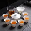 Conjunto de chá Kung Fu de porcelana branca Dehua para uso doméstico, tigela com tampa para preparo de chá de porcelana jade cor de gordura de carneiro, bule, xícara de chá, caixa de presente de cerâmica, logotipo