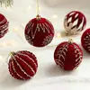 Nuevo producto transfronterizo: Adornos de bola de Navidad flockados color vino de 8 cm, con purpurina y parte trasera adhesiva, bolas de plástico para decoraciones de árbol de Navidad