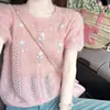 Suéter de Punto Trenzado Bordado a Crochet Hueco Estilo Coreano de Manga Corta para Mujer, Top de Punto Juvenil Rosa Primavera/Verano 2026