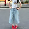 Pantalones Cortos de Mezclilla Tencel Retro Azules para Mujer Verano Delgados Altura Pequeña Cintura Alta Rectos Casuales Pierna Ancha Pantalones de 3/4