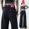 Jeans Wide-Leg Color Block Retro Americano Petite para Mulheres, Cintura Baixa, Caimento Solto, Emagrecedor, Calças Retas Tendência Comprimento Total para Primavera