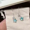 Brincos Longos Azuis em Renda com Estrelas Penduradas e Ganchos, Acessórios de Orelha Femininos Delicados e Versáteis