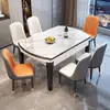 Conjunto de mesa e cadeiras de jantar moderno minimalista em madeira maciça e tampo de pedra, subsidiado pelo estado, extensível e conversível para quadrado ou redondo, mesa de jantar de luxo leve para casa
