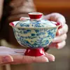 Tazón de Té Rojo Imperial de Cerámica Estilo Chino de una Sola Pieza con Tapa, Taza de Té Personal, Juego de Té Personal del Fabricante Suihan San You