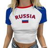 2025 Russo Carta Gráfica Bordada Y2K Street Slim Curto Raglan Manga Curta Top Feminino Mostra Cintura Camiseta