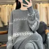 Suéter de Lana para Mujer Otoño e Invierno con Jacquard de Trébol de Cuatro Hojas, Corte Holgado, Camiseta Base de Punto Adelgazante, Cuello Redondo Versátil, Suéter Engrosado para Abrigo