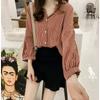 Início do Outono Novas Roupas Femininas Estilo Hong Kong Solto bf Manga Lanterna Camisa Xadrez Camisa Feminina Manga Longa Top Camisa Casaco Da Moda
