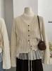 Cardigan Tricotado Ombro Vazado Decote V Manga Longa Cinto na Cintura Feminino Início do Outono Slim Cor Lisa Suéter Foto Real 4879