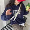 Moletom com Capuz Azul Marinho Vintage Retrô Americano para Mulheres Forrado com Lã Outono e Inverno 2024 Novo Casaco Solto Top