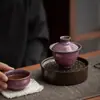 Venta al por mayor del fabricante cuenco con tapa Junyao Sancai, juego de té kung fu estilo chino morado, cuenco con tapa de cerámica para uso doméstico, cuenco para ofrenda de té
