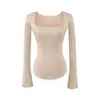 Elegante y Madura Blusa Cuadrada de Manga Larga, Nuevo Modelo Primavera/Verano 2026, Ceñida a la Cintura, Corte Entallado, Favorecedora, Camiseta de Manga Acampanada para Superponer